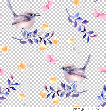 Small round bird in pastel purples on branch watercolor seamless pattern isolated. Repeated background with tiny bird butterfly and flower sketch hand drawn. Bird nature art design for wallpaper. 119089233