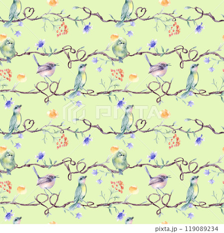 Tree branches with tiny birds, watercolor floral elements on seamless pattern isolated. Delicate flowers and cute little birds on tree hand drawn design on repeated background for home textile. 119089234