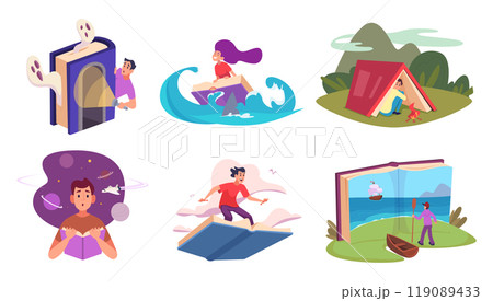 Fantasy reading. Concept illustrations of imagination readers fairytale creativity worlds exact vector fantasy book exploration 119089433