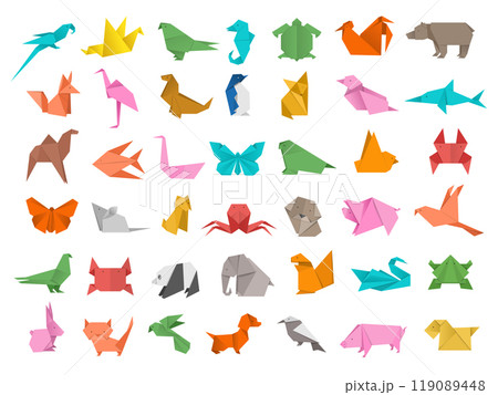 Origami. Traditional asian hobby making animals from cardboard or paper geometric folding shapes recent vector templates 119089448
