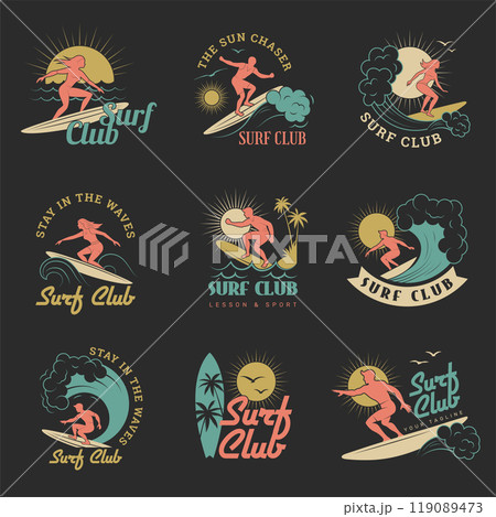 Surf club. T shirt design emblems freedom templates with surfers in active action poses recent vector surf club logo collections Surf club. T shirt design emblems freedom templates with surfers in active action poses recent vector surf club logo collections 119089473