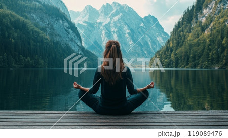 Woman meditating on pier with mountain lake view Woman meditating on pier with mountain lake view 119089476