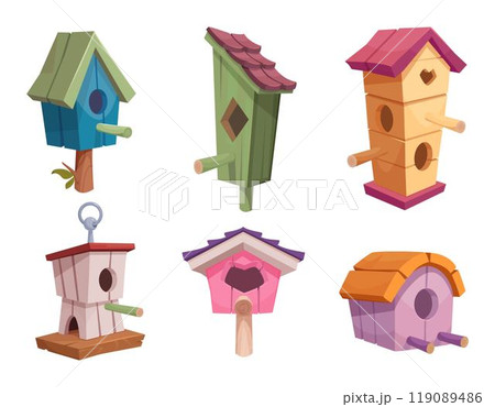 Bird house. Wooden cute places for birds home nest exact vector different houses Bird house. Wooden cute places for birds home nest exact vector different houses 119089486