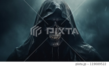 Grim reaper wearing a black hooded cloak in the fog 119089522