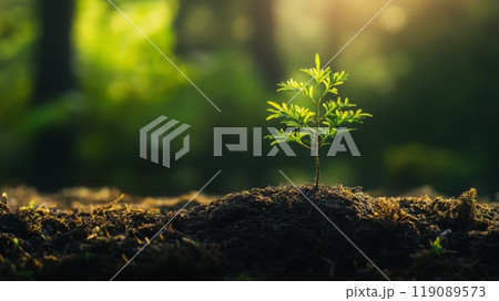 Small plant growing in fertile soil with sunlight 119089573