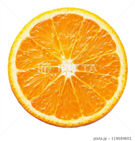Ripe orange slice showing its segments and texture 119089601