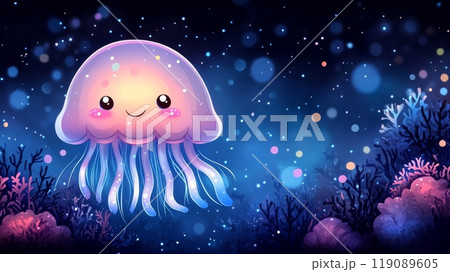 Cute bioluminescent jellyfish swimming over coral reef at night 119089605