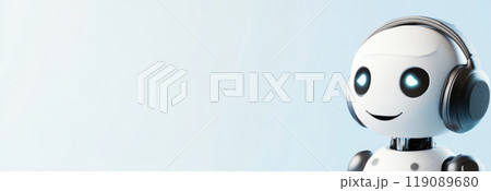 Cute robot listening to music with headphones on blue background 119089680