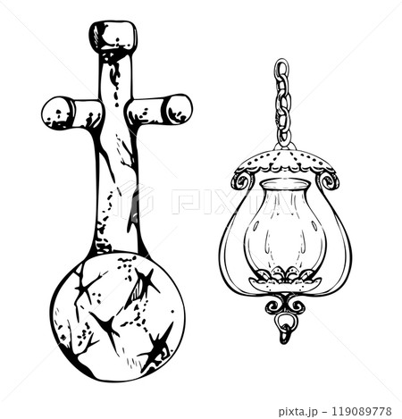 Ancient vintage lantern, iron cast ornate street light gas lamp with chain, stone church cross. Hand drawn ink vector illustration. Single element isolated on white. Design travel, vacation, brochure 119089778