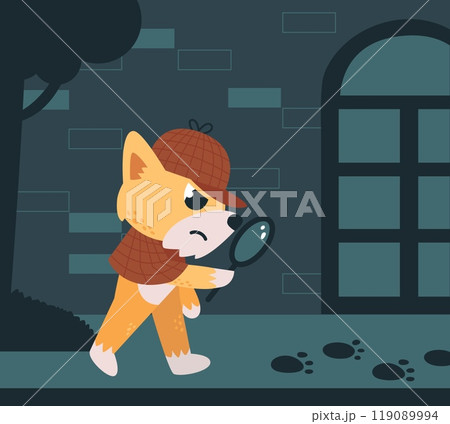 Dog crime investigation in city. Follows trail of criminal, tracking him with magnifying glass along his tracks. Animal detective character, classy vector scene Dog crime investigation in city. Follows trail of criminal, tracking him with magnifying glass along his tracks. Animal detective character, classy vector scene 119089994