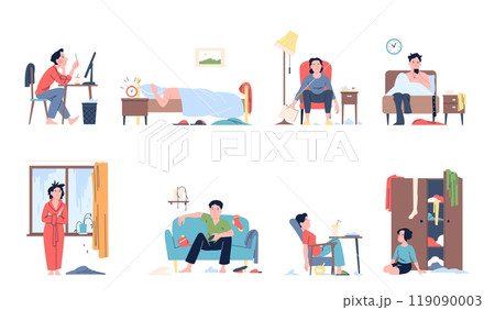 Lazy characters. People sit in bed, sleep in chair, sitting in messy. Tired men and women have depression and apathy. Sedentary lifestyle, recent vector scenes Lazy characters. People sit in bed, sleep in chair, sitting in messy. Tired men and women have depression and apathy. Sedentary lifestyle, recent vector scenes 119090003
