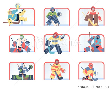 Hockey goalkeepers. Flat sport guards in colorful different gears. Sport characters with hockey sticks and in mask waiting puck, recent vector set Hockey goalkeepers. Flat sport guards in colorful different gears. Sport characters with hockey sticks and in mask waiting puck, recent vector set 119090004
