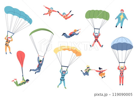 Skydiver characters. Professional skydivers jumping with parachutes. Extreme sport or recreation. Parachuting, flat skydiving recent vector set 119090005