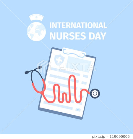 Nurse day poster design. Flat simple medical celebrating banner with stethoscope. Hospital workers placard, elements for web or greeting cards, recent vector background 119090006