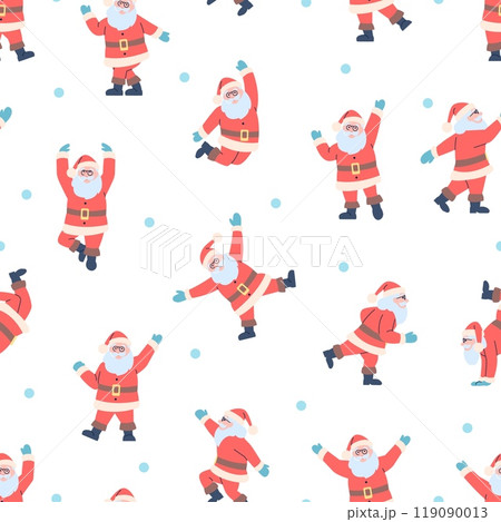 Happy Santa Claus seamless pattern. Christmas characters dancing, joyful Santa. Xmas print for wrapping fabric design, winter festive vector background 119090013