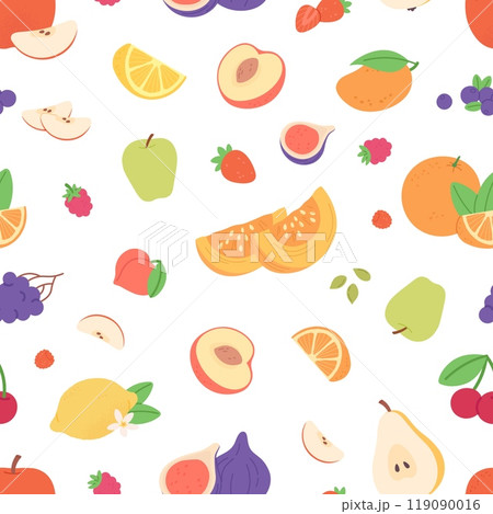 Fresh food seamless pattern. Agriculture farm harvest, vegetables fruits. Pumpkin apple pear peach cherry orange lemon. Vector background 119090016