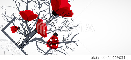 Abstract nature background. Red poppy flowers in a frame. Hand drawn vector. Abstract nature background. Red poppy flowers in a frame. Hand drawn vector. 119090314