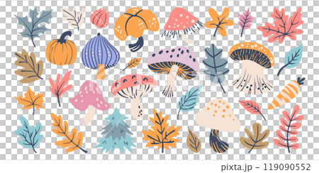 Set of isolated cute Fall elements in doodle hand drawn style on a transparent background. Vol.3 : Mushrooms series in pastel colorful orange and pink color tone. 119090552