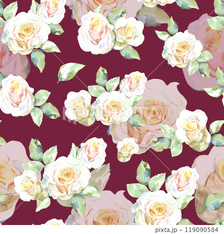 Seamless pattern of white roses bouquets with green leaves in collection garden flowers. Watercolor illustration for floral design of fabrics, kitchen towel, textile, weaving, wallpaper, wrapping 119090584