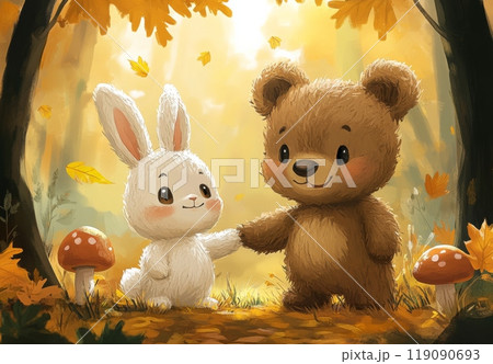 森の中のかわいいクマとウサギ 119090693