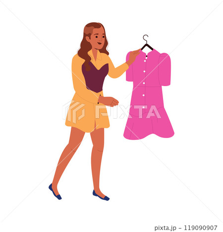 Woman Character Choosing Clothes at Shop or Fashion Store Vector Illustration 119090907
