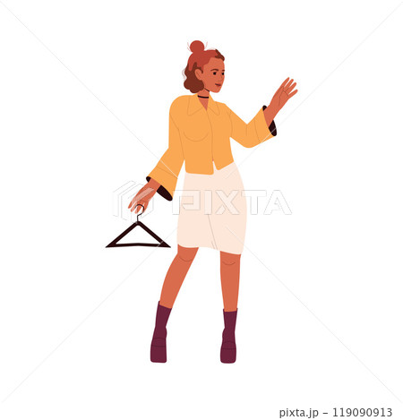 Woman Character Choosing Clothes at Shop or Fashion Store Holding Hanger Vector Illustration Woman Character Choosing Clothes at Shop or Fashion Store Holding Hanger Vector Illustration 119090913