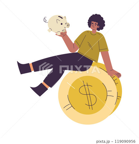Man Character Have Capital Sit with Piggy Bank on Money Golden Coin Vector Illustration Man Character Have Capital Sit with Piggy Bank on Money Golden Coin Vector Illustration 119090956