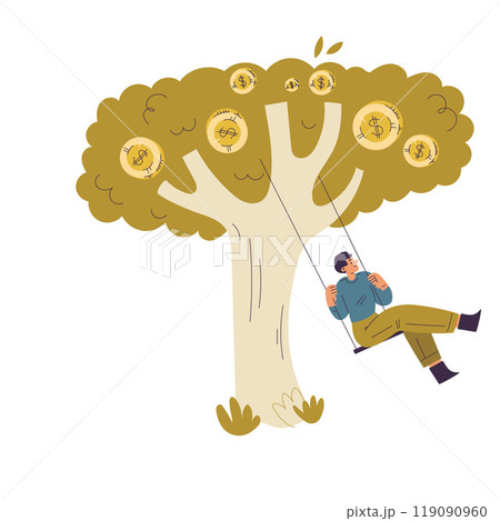Man Character Have Capital Swing on Tree with Money Golden Coin Vector Illustration 119090960