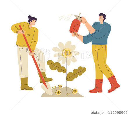 Man and Woman Character Have Capital Care of Plant with Money Golden Coin Vector Illustration 119090963
