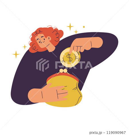 Woman Character Have Capital Put Money Golden Coin in Purse Vector Illustration Woman Character Have Capital Put Money Golden Coin in Purse Vector Illustration 119090967