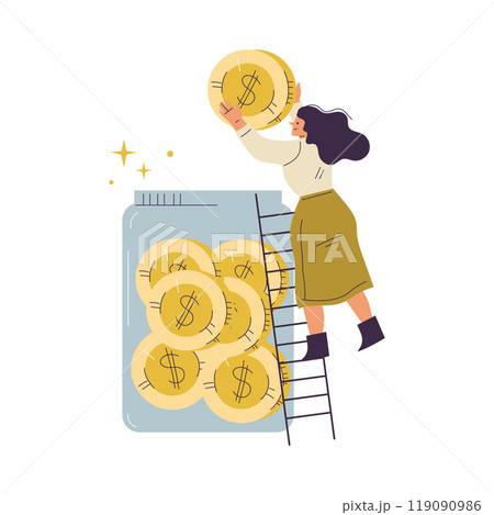 Woman Character Have Capital Put Money Golden Coin in Jar Vector Illustration 119090986