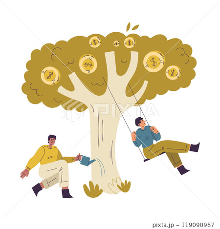 Man and Woman Character Have Capital Swing on Tree with Money Golden Coin Vector Illustration 119090987
