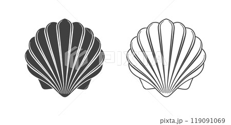 Scallop seashell logo. Isolated silhouette and contour drawing of a scallop on a white background.  119091069
