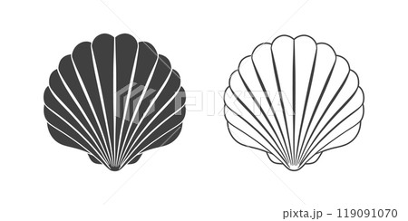 Scallop seashell logo. Isolated silhouette and contour drawing of a scallop on a white background.  119091070