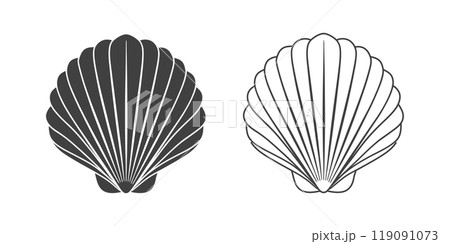Scallop seashell logo. Isolated silhouette and contour drawing of a scallop on a white background. Scallop seashell logo. Isolated silhouette and contour drawing of a scallop on a white background. 119091073