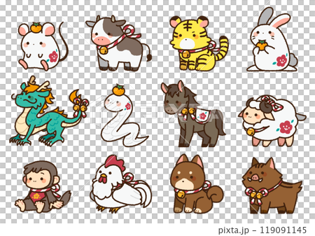 かわいい十二支の生き物のイラストセット 119091145