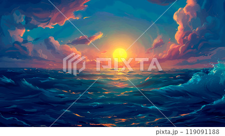 Vibrant Sunset Over The Ocean With Soft Colors...のイラスト素材 [119091188 ...