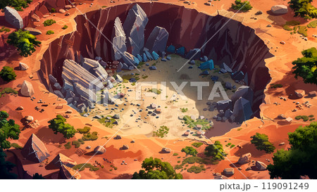 Large Meteorite Crater With A Distinctive Rim And Impact Scarring Bright Colors And Simplified Details Highlight The Scale And Depth Of The Crater Cartoon Illustration Large Meteorite Crater With A Distinctive Rim And Impact Scarring Bright Colors And Simplified Details Highlight The Scale And Depth Of The Crater Cartoon Illustration 119091249