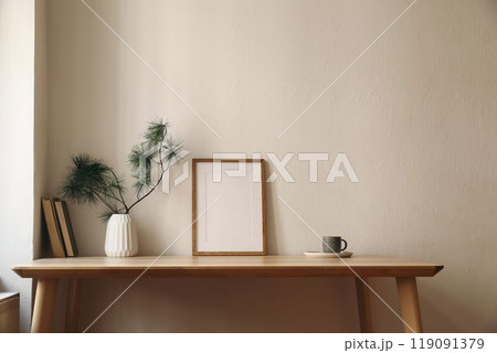 Elegant Christmas interior. Winter home still life. Scandinavian decor. Blank vertical thin picture frame mockup, cup of coffee tea. Wooden desk, table. Pine tree branches, vase. Beige wall background Elegant Christmas interior. Winter home still life. Scandinavian decor. Blank vertical thin picture frame mockup, cup of coffee tea. Wooden desk, table. Pine tree branches, vase. Beige wall background 119091379
