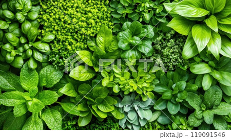 Lush Green Foliage of Various Herbs and Plants in a Vibrant Garden Setting, AI 119091546