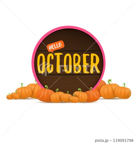Hello October banner with pumpkins and wooden board with text isolated on transparent background. Hello october poster, flyer, card design template with pumpkins seeds 119091786