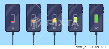 Smartphone charging load. Phone battery charge concept, full 100 percentage cell saving energy mobile recharge screen indicator infographic, gadget charger neat vector illustration 119091894