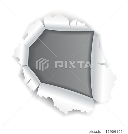Paper hole of gray torn paper. Torn sides over dark paper background with space for text. Realistic torn paper template Paper hole of gray torn paper. Torn sides over dark paper background with space for text. Realistic torn paper template 119091964