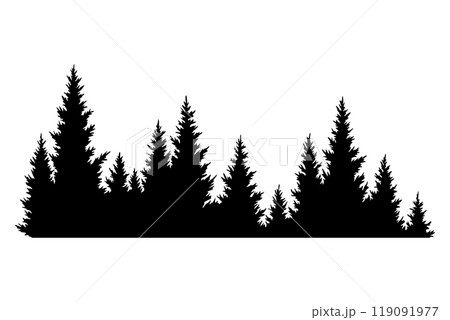 Fir trees silhouette. Coniferous spruce horizontal background pattern, black evergreen woods vector illustration. Beautiful hand drawn panorama of coniferous forest Fir trees silhouette. Coniferous spruce horizontal background pattern, black evergreen woods vector illustration. Beautiful hand drawn panorama of coniferous forest 119091977
