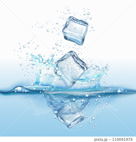 Ice cube dropped water. Iced cubes moving floating in freshness purity liquid with splashing bubbles, cold wet crystal blocks droplet aqua drink realistic exact vector illustration 119091978
