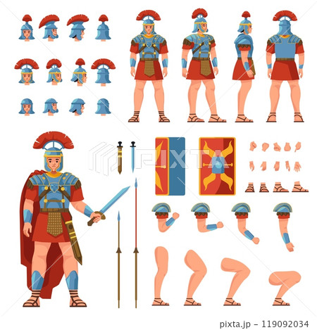 Roman soldier creation. Ancient warrior animation character constructor, centurion in armour or spartan soldiers with shield, rome empire army legion, 2d recent vector illustration 119092034