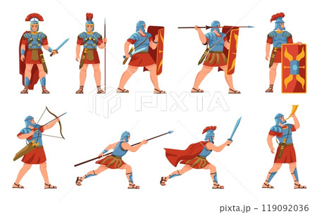 Cartoon roman soldiers. Armored soldier ancient rome empire army, warrior character armor helmet with sword shield history legion fight warriors mascot, recent vector illustration 119092036