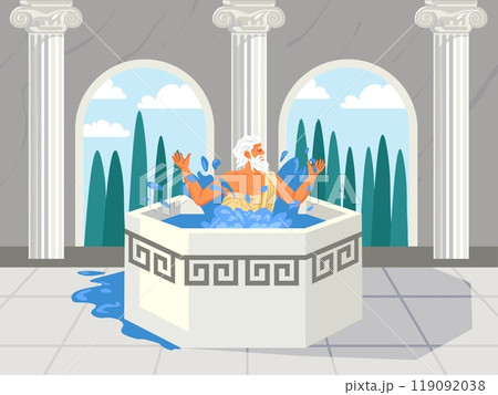 Archimedes in bath. Ancient greek inventor saying eureka at bathroom, great mathematician or roman old man funny character, engineering physics principle recent vector illustration Archimedes in bath. Ancient greek inventor saying eureka at bathroom, great mathematician or roman old man funny character, engineering physics principle recent vector illustration 119092038