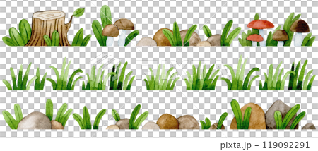 set of forest borders. watercolor illustration with herbs, mushrooms. landscape set of forest borders. watercolor illustration with herbs, mushrooms. landscape 119092291