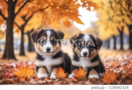 紅葉の中をお散歩する子犬のイメージ素材 紅葉の中をお散歩する子犬のイメージ素材 119092326